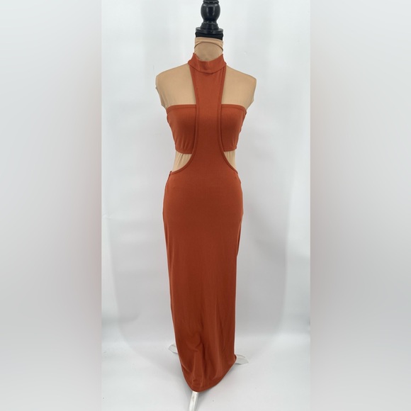 Rust cut out bodycon ribbed stretch maxi dress resortwear vacation sexy nightout - Picture 2 of 9